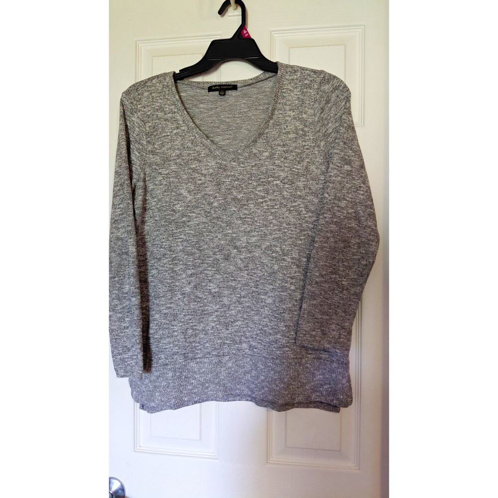 kathy ireland Women's Gray V-Neck Ribbed Knit Long Sleeve Pullover Sweater S